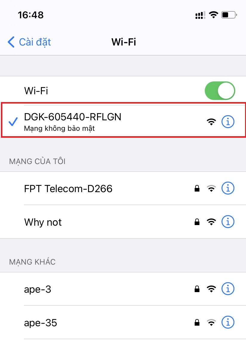 Chọn kết nối wifi với camera